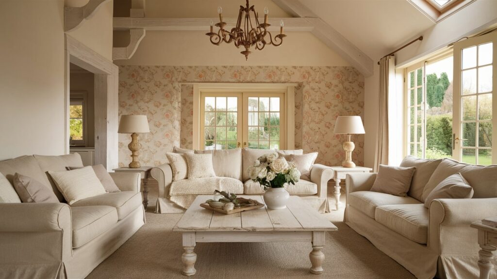 A charming French country-inspired contemporary living room with a Vintage Chandelier