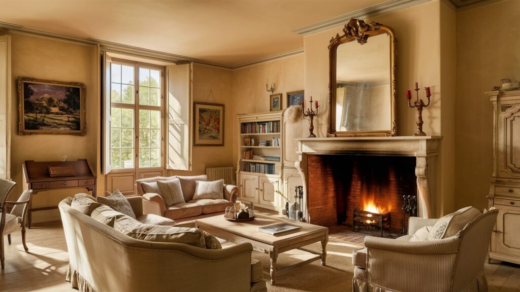 A charming French country-inspired living room with a large antique mirror.