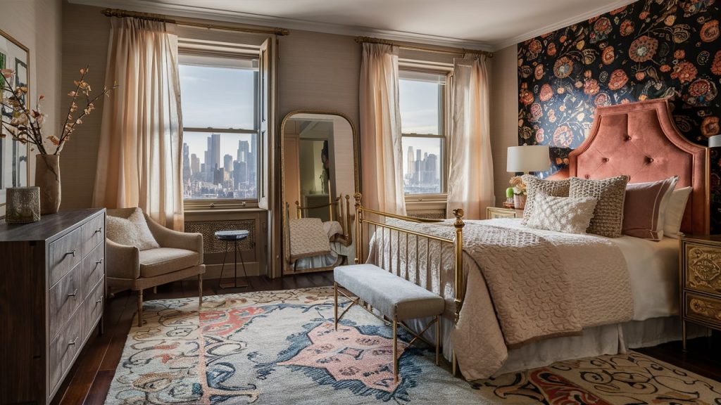 A primary bedroom with mixed-and-matched textures, exuding comfort and style.