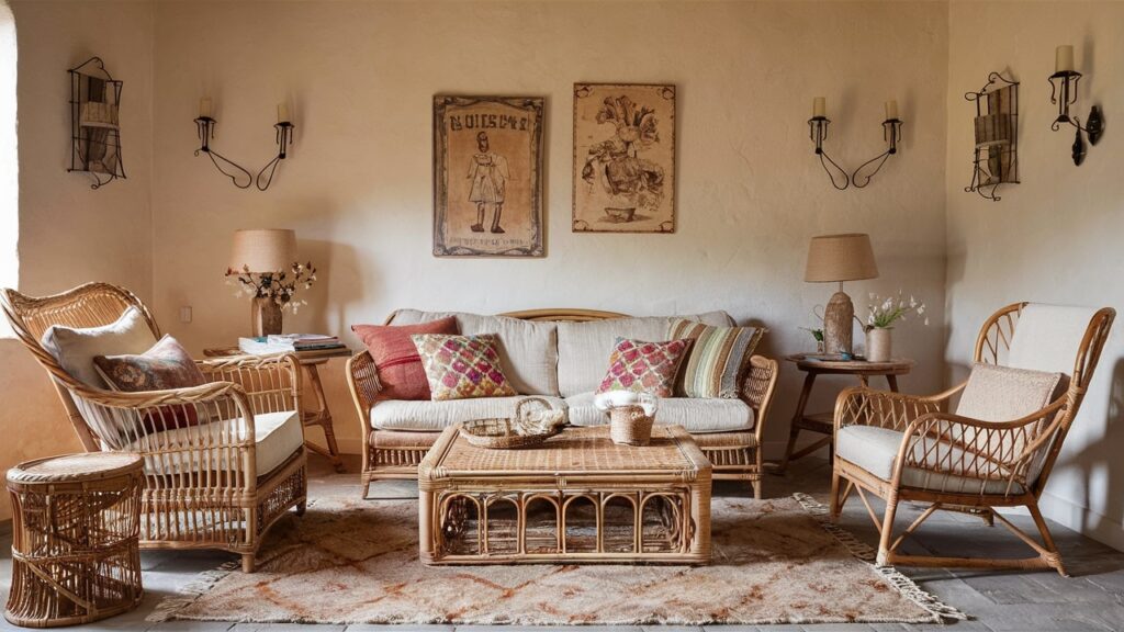 A charming French country-inspired living room with natural wicker and rattan Pieces of furniture