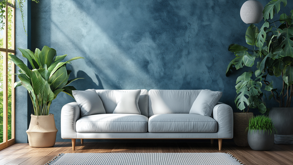 white couch blue walls