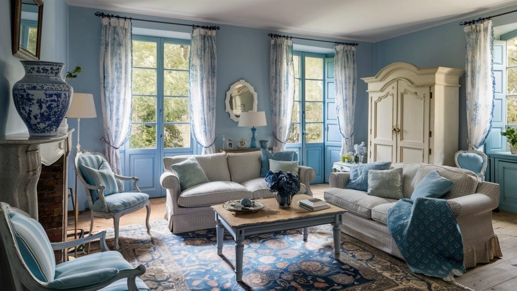A charming French country-inspired living room with a blue and white color palette.