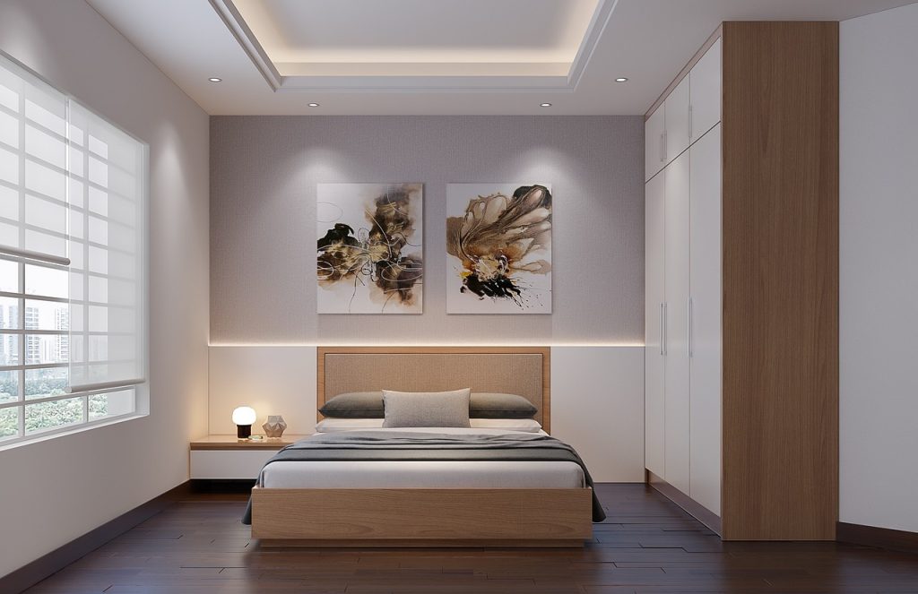 A minimalist bedroom with good organization.