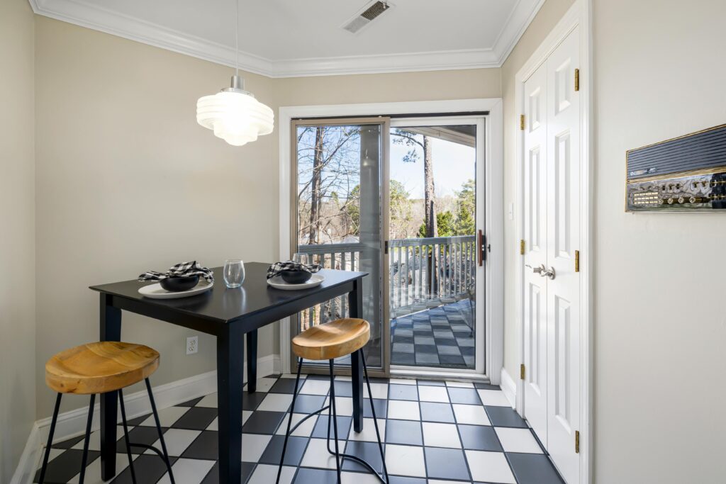 A room with black and white tiles.
