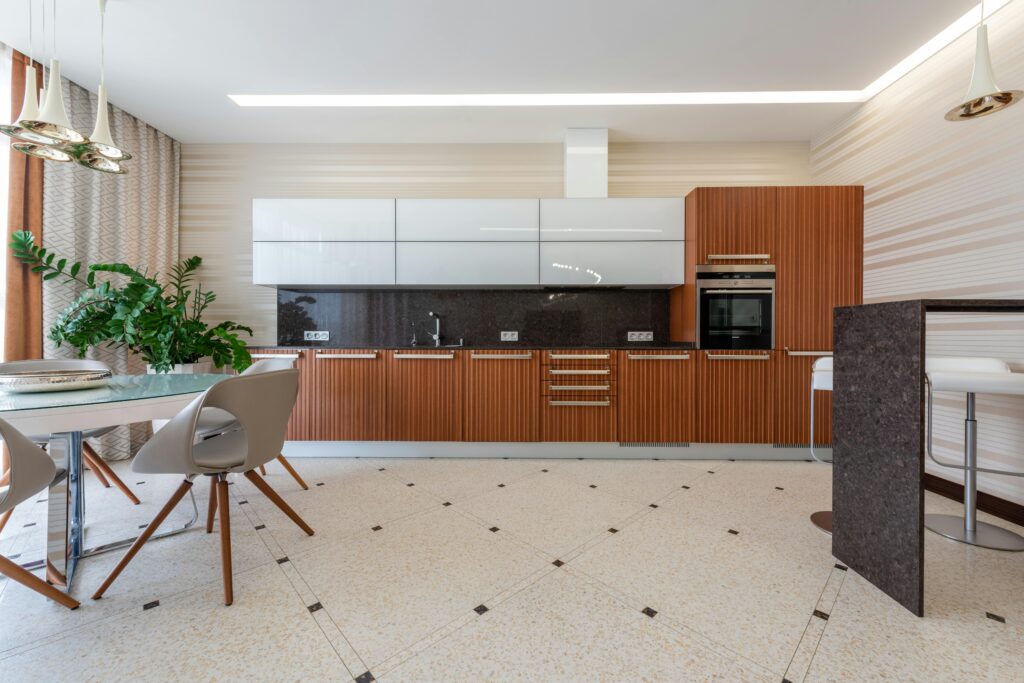 Kitchen with unique flooring.
