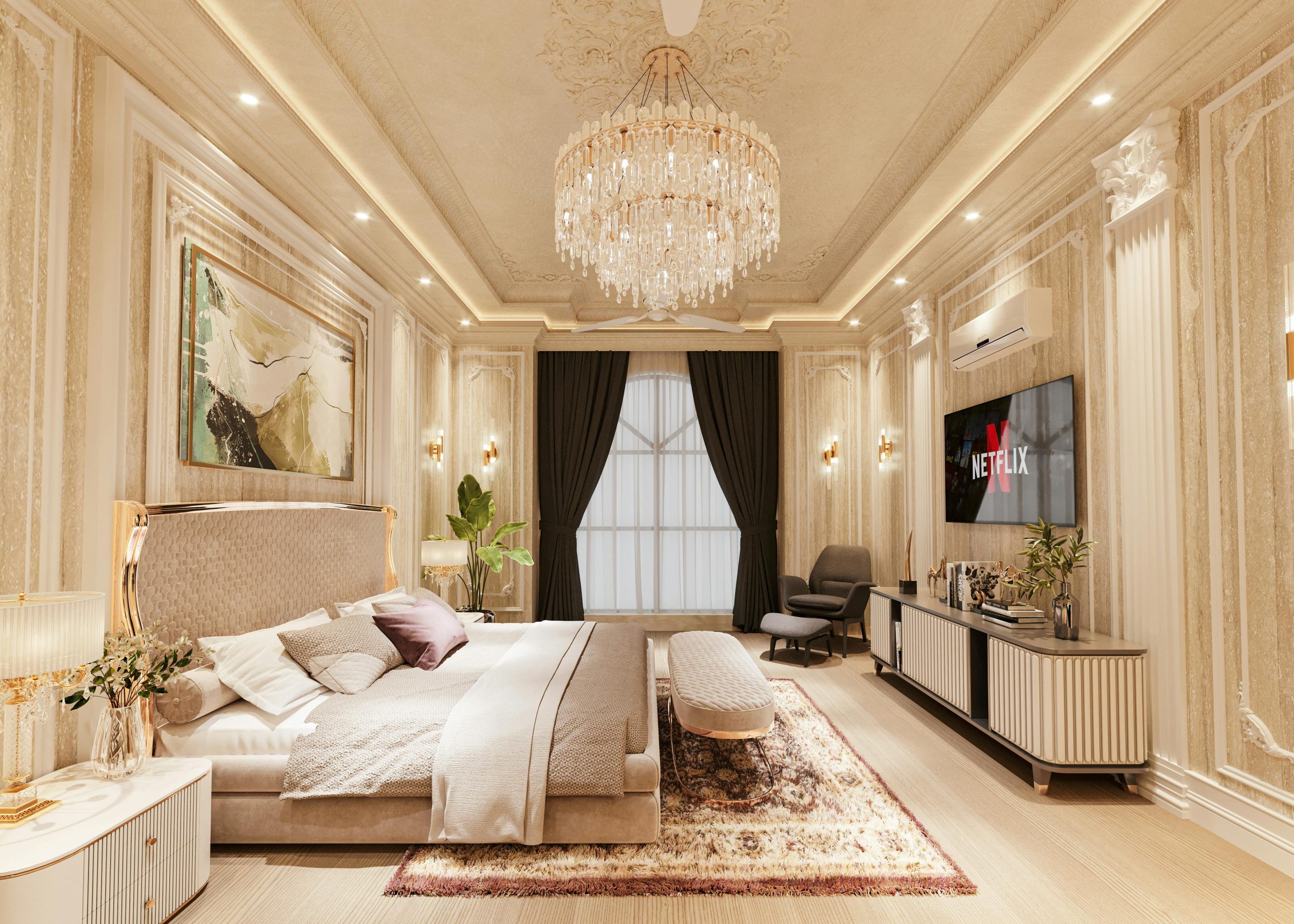 A classical bedroom with mouldings.