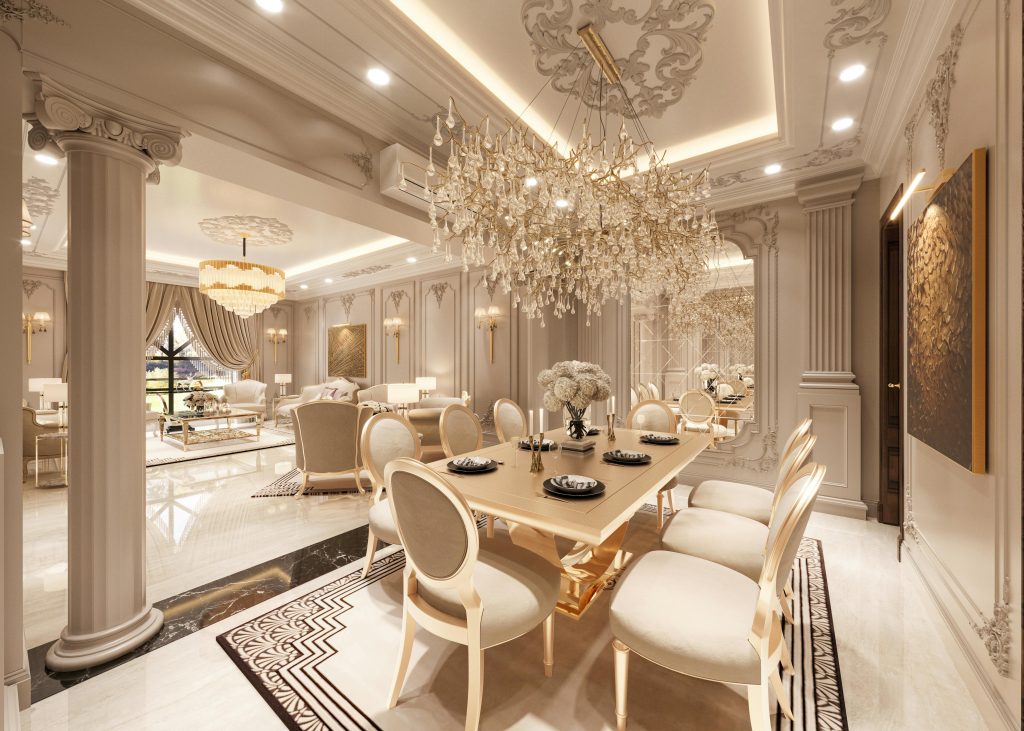 An ornate dining room with sculpted columns.