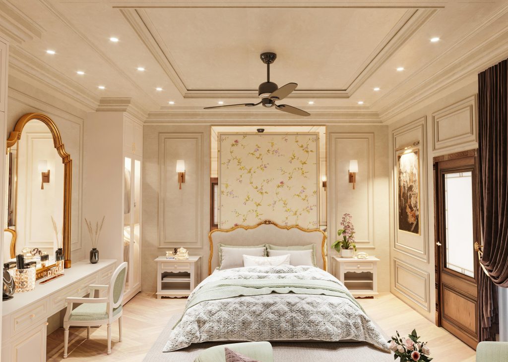 A classical looking bedroom with crown mouldings.