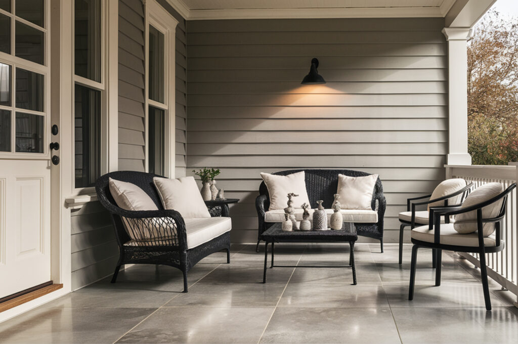 black wicker furniture, cement tiles