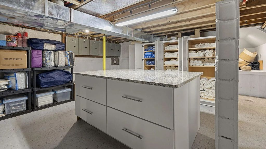 Organized Basement Storage with Workspace