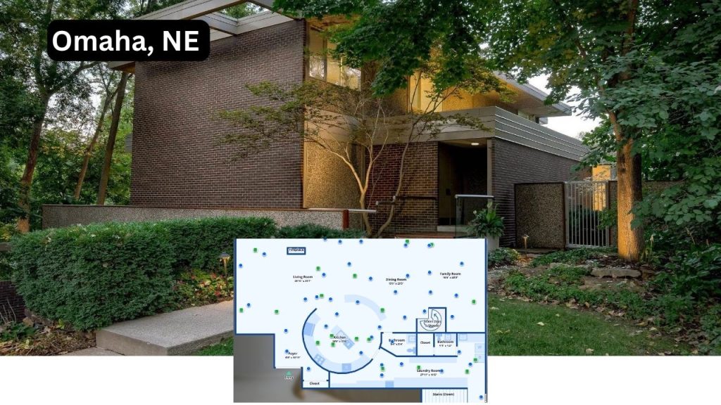 Mid-century modern home in Omaha with floor plan inset and lush greenery.