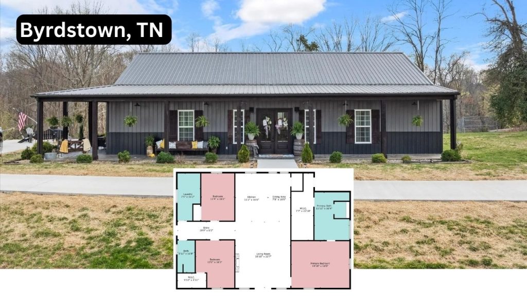 Modern black barndominium with a large porch, rustic accents, and a cozy outdoor seating area in Byrdstown, TN.