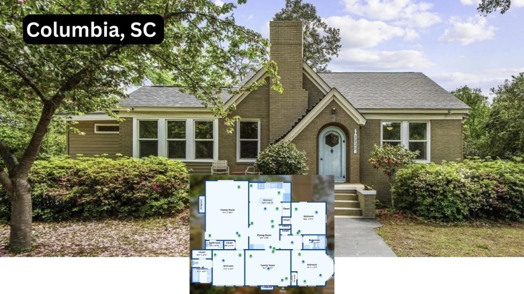 Brick single-family home with arched front door and floor plan layout inset.