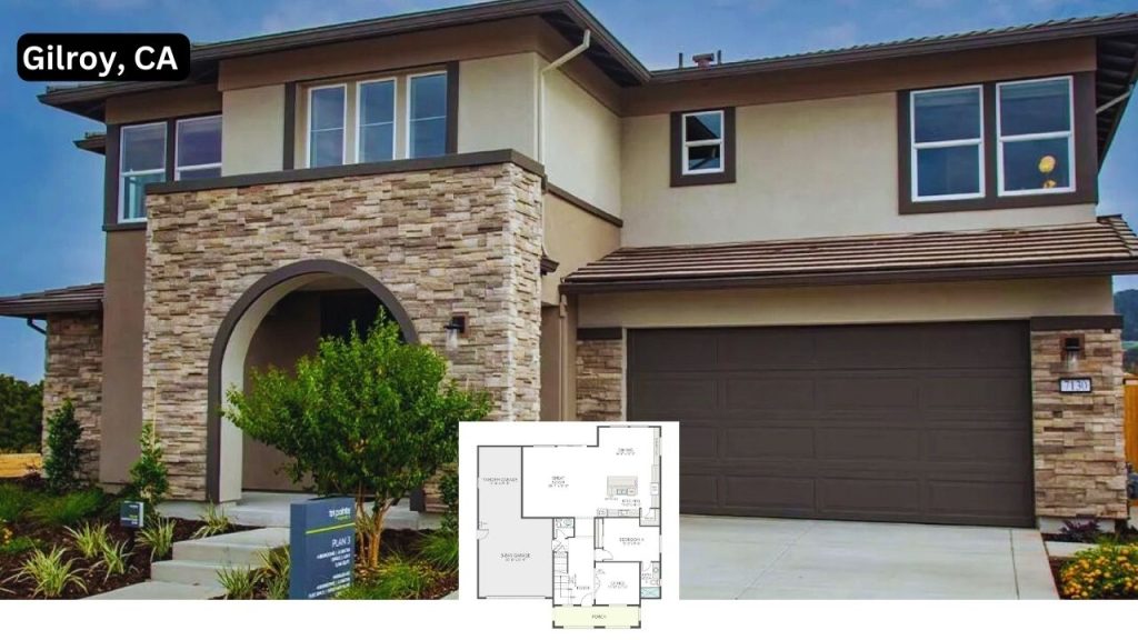 Modern colonial-style home with arched entry, stacked stone, and large front windows.