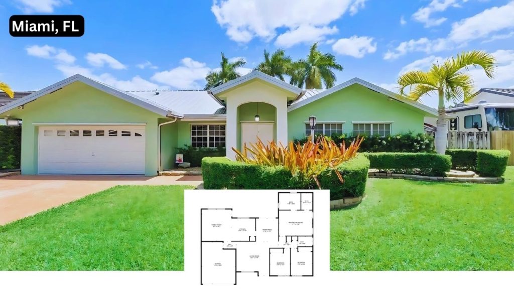 Fresh tropical single-family home with mint-green exterior and palm trees in Miami, FL.
