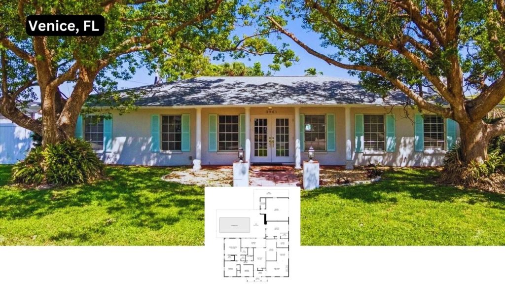 Charming single-story home with pastel blue shutters and a wide grassy front yard in Venice, Florida.