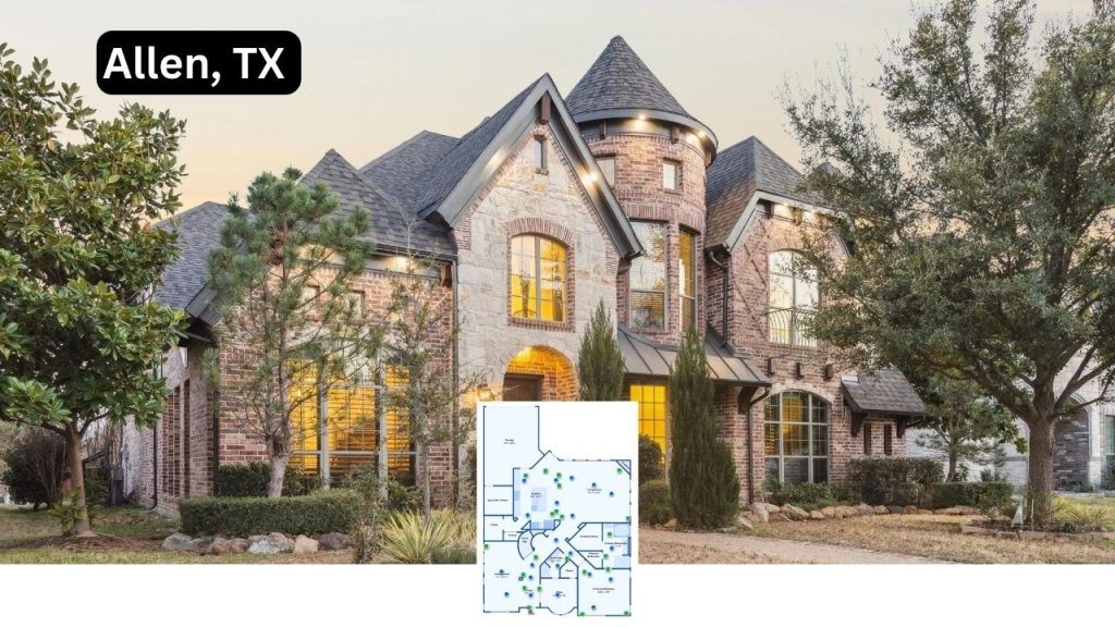 Brick single-family home in Allen, TX with turret-style architecture and warm lighting.