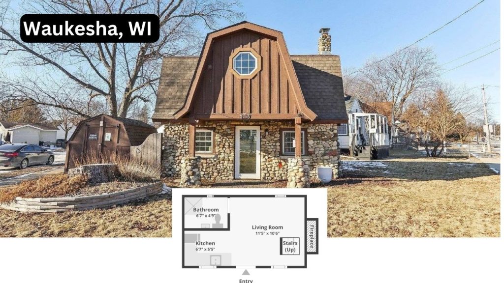 Quaint stone-and-wood home with gambrel roof and compact floor plan in Waukesha.
