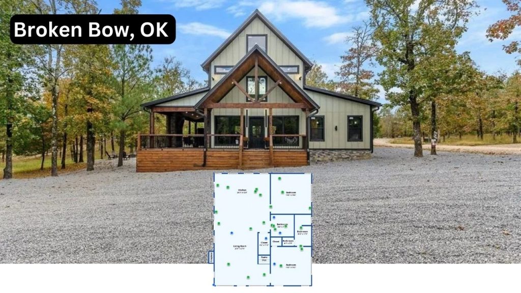 Modern cabin-style home with wood and stone exterior, set in a wooded lot in Broken Bow, OK.