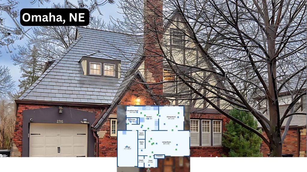 Charming Tudor-style home in Omaha with steep gables and brick exterior, includes floor plan overlay.