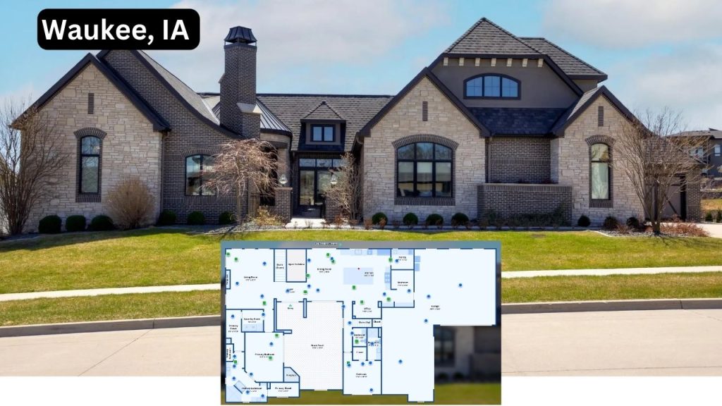 Elegant single-family home in Waukee, Iowa with stone and brick exterior, steep rooflines, and a spacious front lawn, shown alongside a detailed floor plan layout.