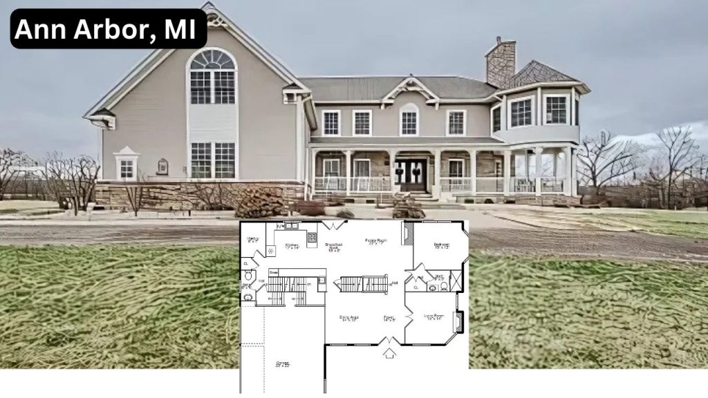 Large traditional-style home with wraparound porch, stone chimney, and grand windows set on a wide-open lot in Ann Arbor, Michigan.