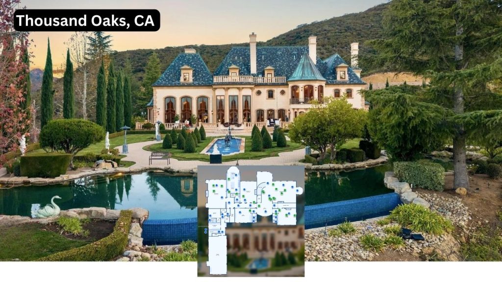 Elegant chateau-style mansion in Thousand Oaks with formal gardens and a serene pond.