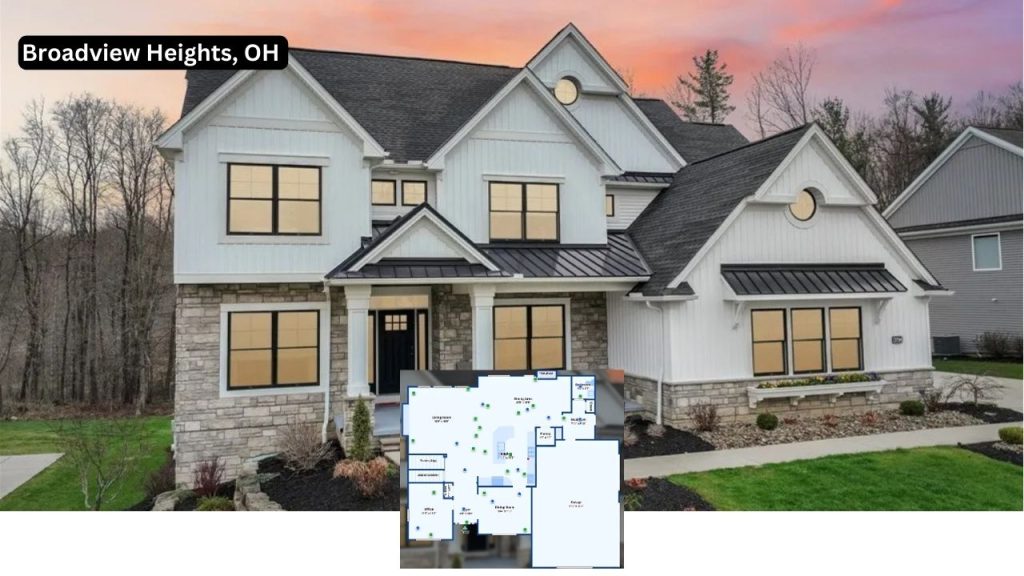 Colonial-style modern home in Broadview Heights with stone and siding exterior.