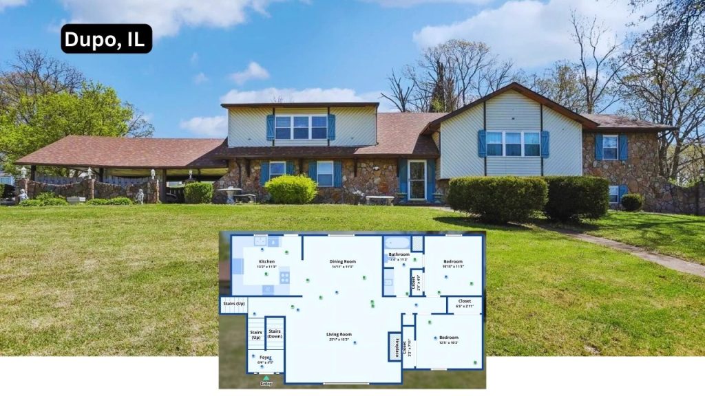 Split-level home in Dupo with stone exterior and blue shutters on a spacious lot.