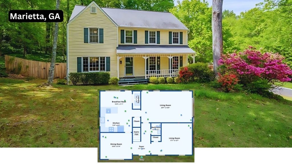 Yellow colonial-style house in Marietta, GA with lush greenery and floor plan overlay.