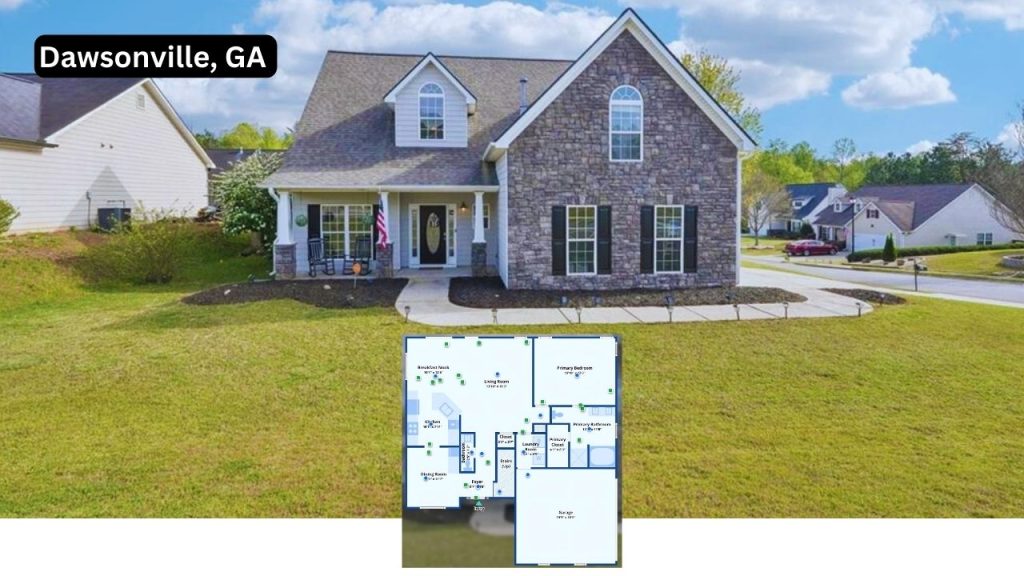 Stone-front house with porch and front yard in Dawsonville, GA.