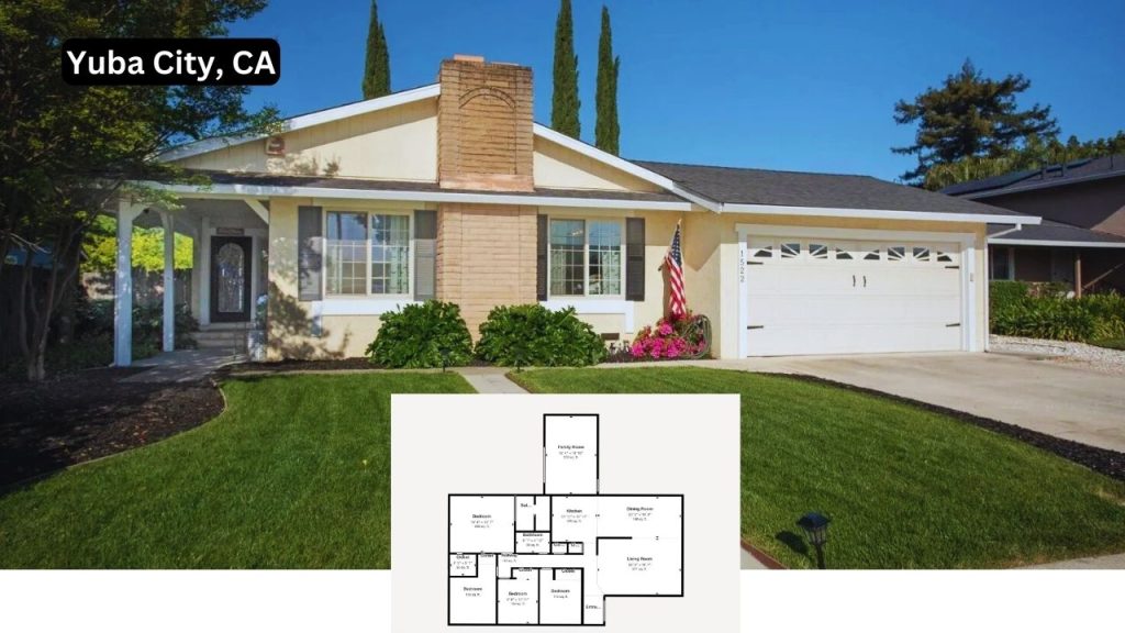 Yellow single-family home with garage and front lawn in Yuba City, CA