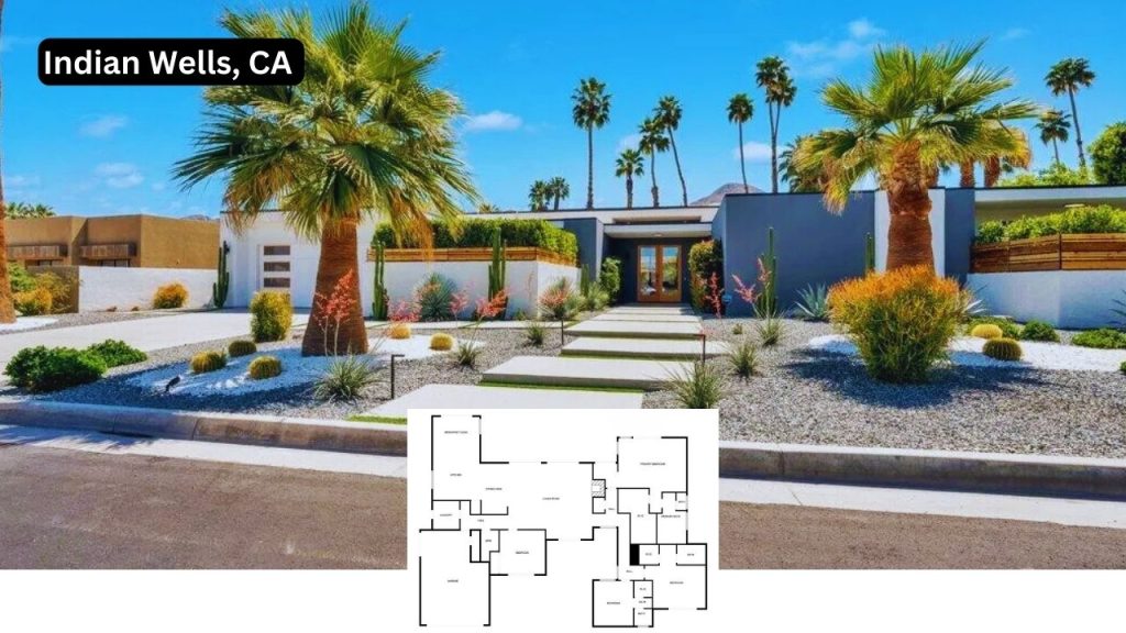 Palm-lined modern home in Indian Wells with sleek design and desert landscaping.