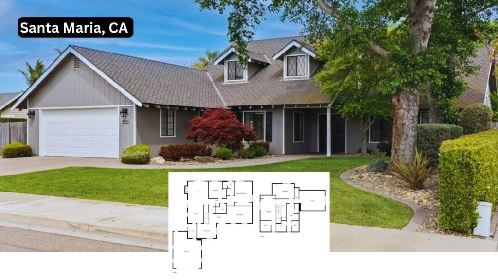 Colonial-style gray home with gables, trees, and manicured lawn in Santa Maria, CA.