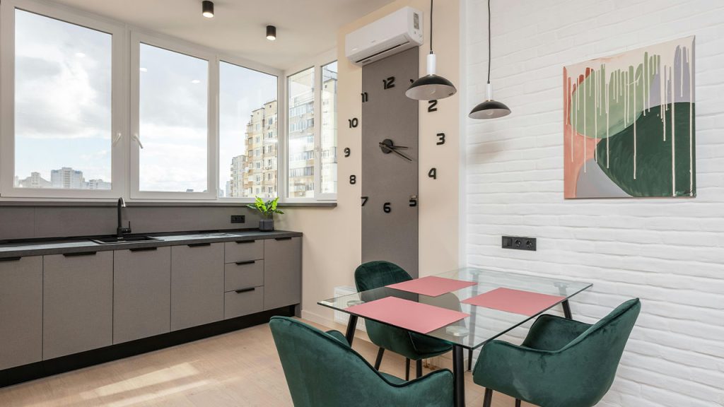 Light modern kitchen with dining area