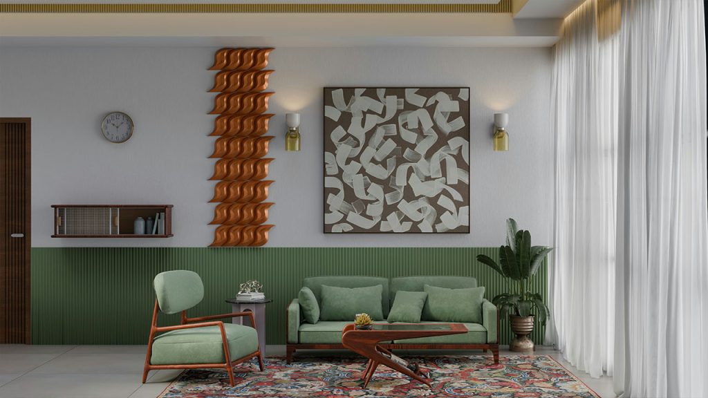 Eclectic living room interior with a mix of modern and traditional elements, featuring a green color palette and a large abstract painting