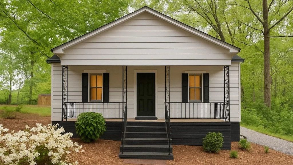 Small white cottage with black accents and a front porch in a wooded setting.
