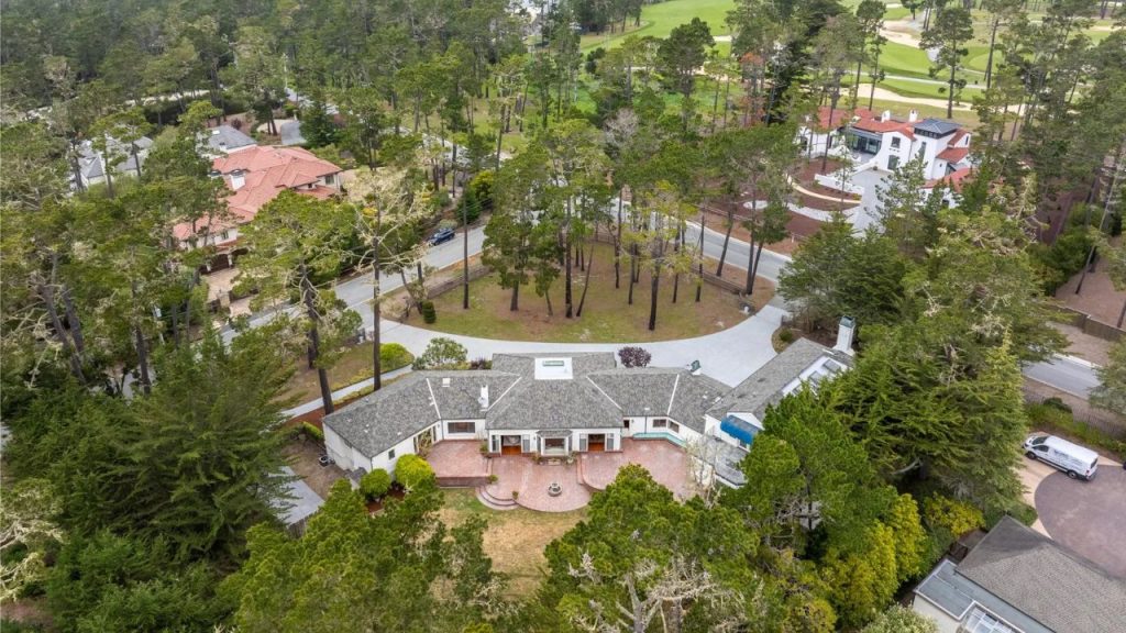 Aerial view of a curved single-story home surrounded by tall pine trees and a circular driveway.