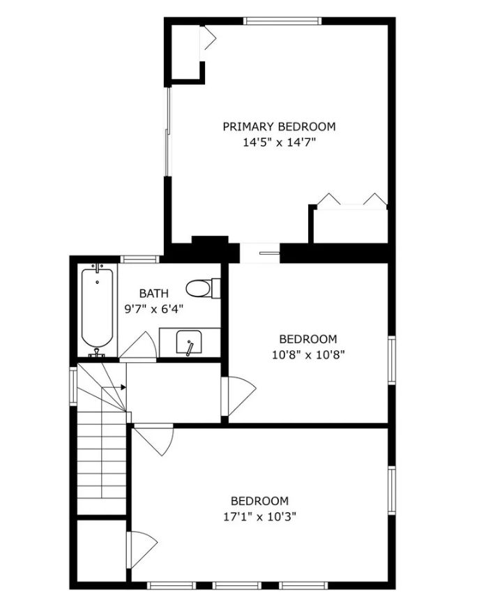 Floor plan showing three bedrooms and one full bath upstairs.
