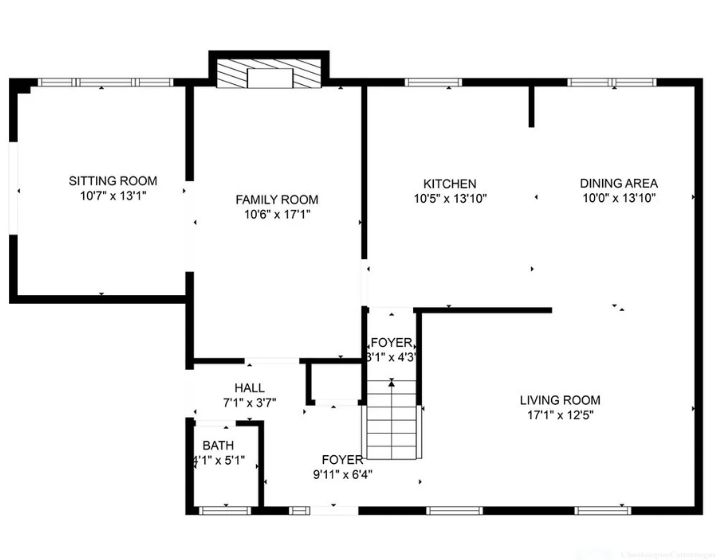 Floor plan showing a connected layout with sitting, family, living, and dining rooms.