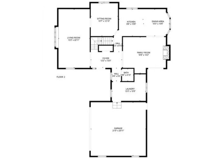 Second-floor home layout with living, kitchen, dining, family room, garage, and laundry.