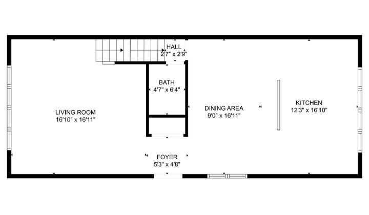 Open-concept floor plan with living, dining, kitchen, and central bath.