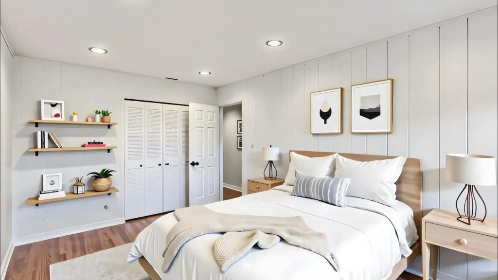 A peaceful bedroom with a wooden bed, white closet doors, and a cozy bench, featuring soft lighting and greenery.
