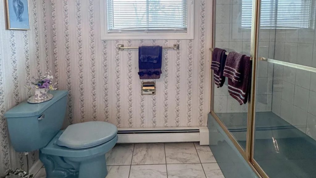 Vintage-style bathroom with blue toilet, glass shower, and floral wallpaper.
