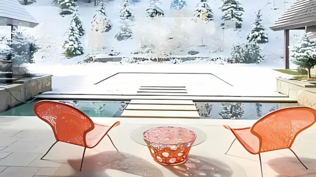 A stylish patio with orange chairs and table, an infinity pool, and a snowy mountain view with pine trees.