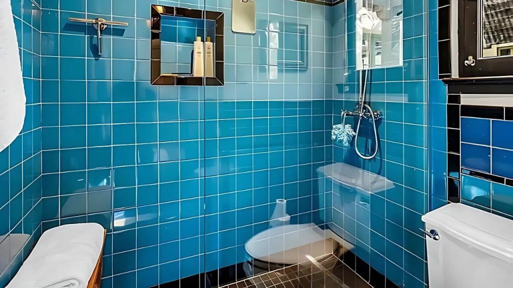 A bright blue-tiled bathroom with a glass shower, wooden bench, and large window, accented by a mirror and natural light.