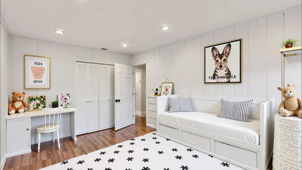 A playful kid’s room with a white daybed, star rug, and teddy bears, featuring vertical paneling and a dog portrait.