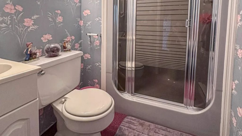 Small vintage bathroom with floral wallpaper and a chrome-framed shower.