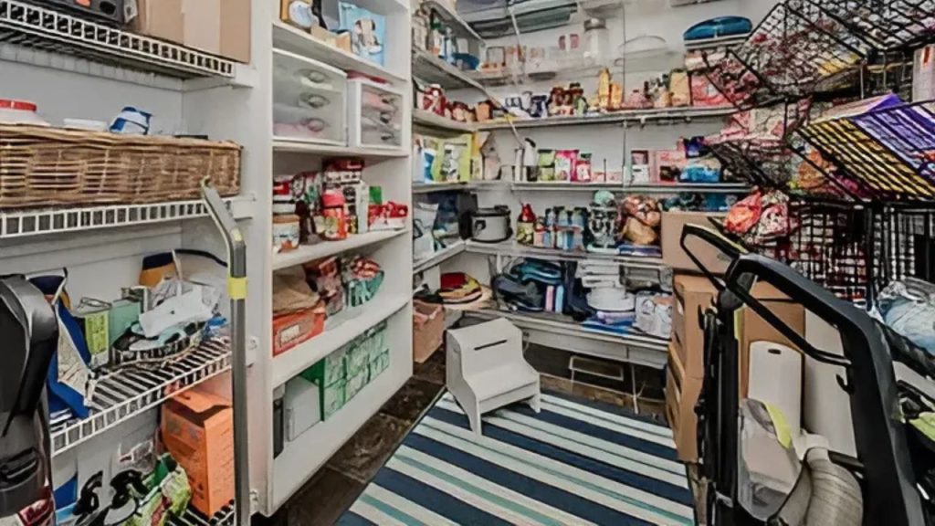 A colorful pantry with white shelves, stocked with food and essentials.