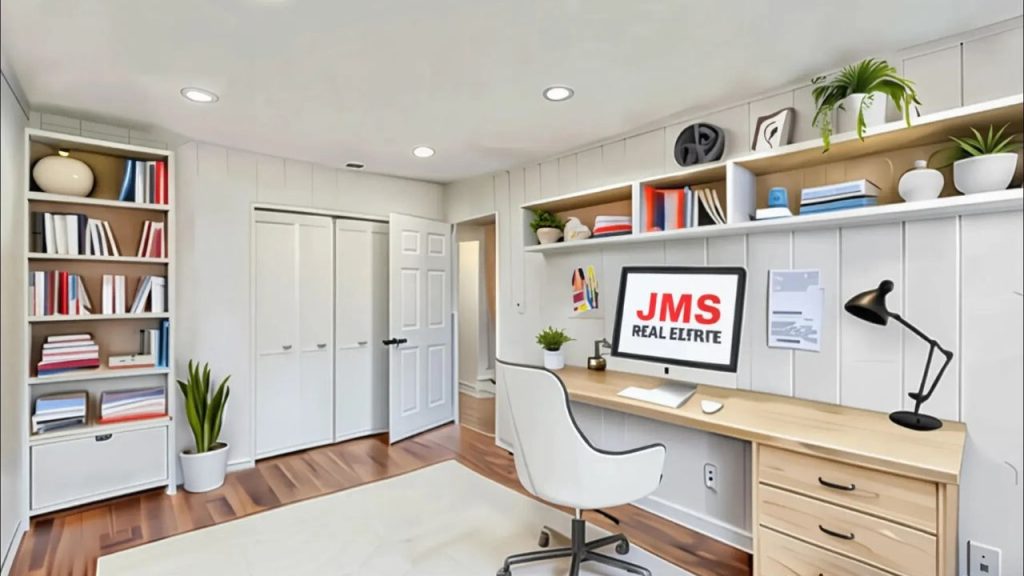 A cozy home office with a wooden desk, white chair, and shelves, featuring recessed lighting and vertical paneling.
